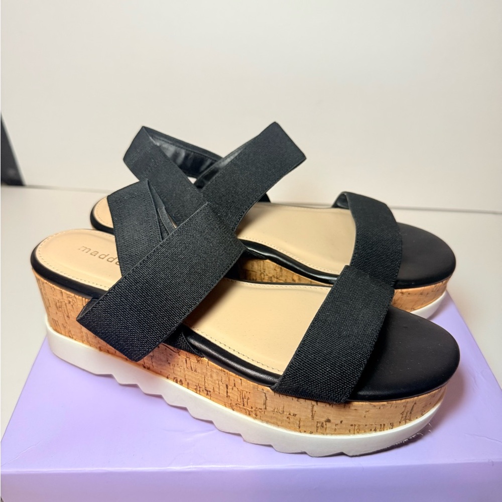 Madden Girl Black and Tan Wedge Sandals Size 8